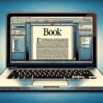 A digital art style image in a landscape format, showing a computer screen facing the viewer directly. The screen displays an open text editor with the word Book