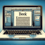 A digital art style image in a landscape format, showing a computer screen facing the viewer directly. The screen displays an open text editor with the word Book
