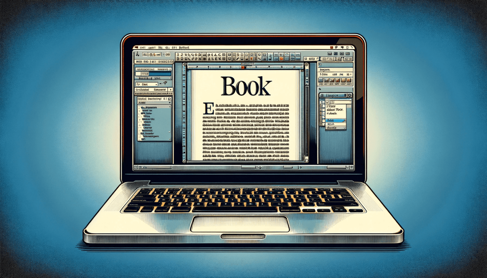A digital art style image in a landscape format, showing a computer screen facing the viewer directly. The screen displays an open text editor with the word Book