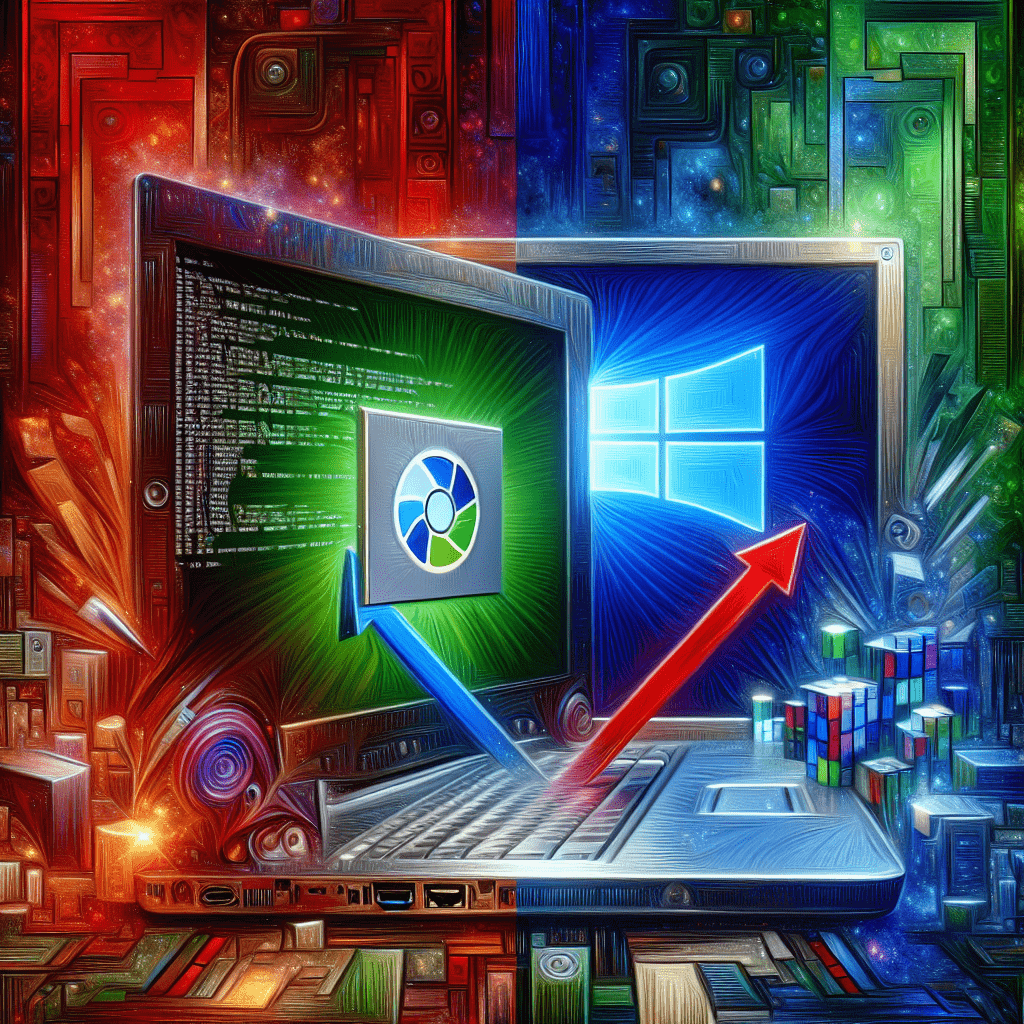 ** Abstract digital art showing two laptops with contrasting colors and symbols, representing technology themes.