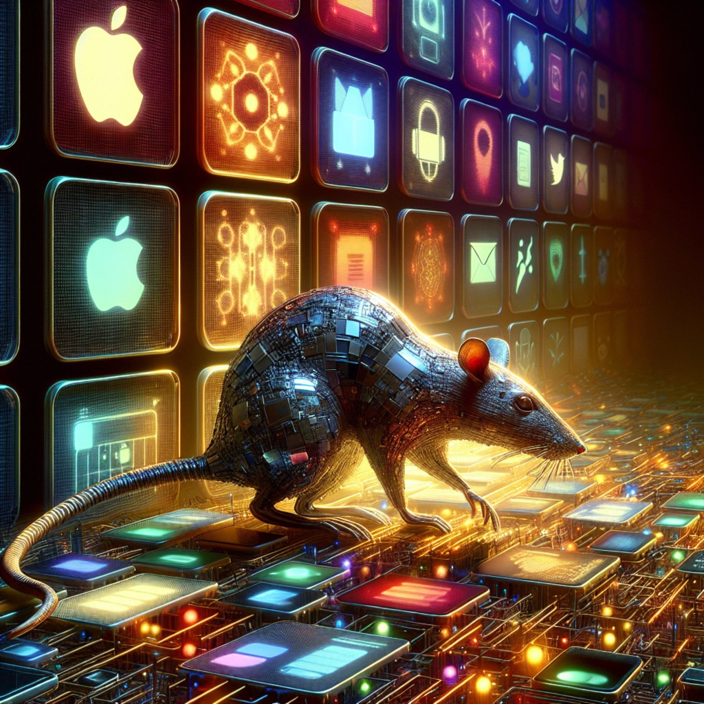 ** A metallic rat steps on colorful digital icons in a futuristic landscape.