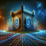 ** Surreal castle with blue keyholes, glowing lines, and a dynamic, colorful background.