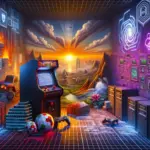 ** A vibrant gaming-themed scene with an arcade machine, sports balls, and a picturesque landscape at sunset.