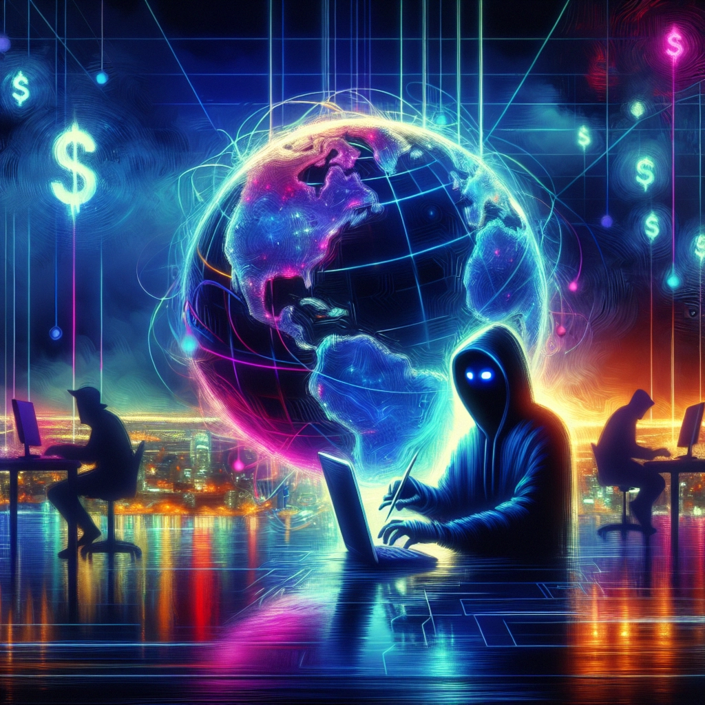 ** Mysterious hooded figure in front of a glowing globe and computers, with digital currency symbols around.