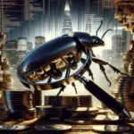 ** A large beetle with a magnifying glass stands amidst stacks of coins in a cityscape.