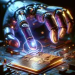 ** Robotic hand interacts with a glowing microchip on a circuit board.