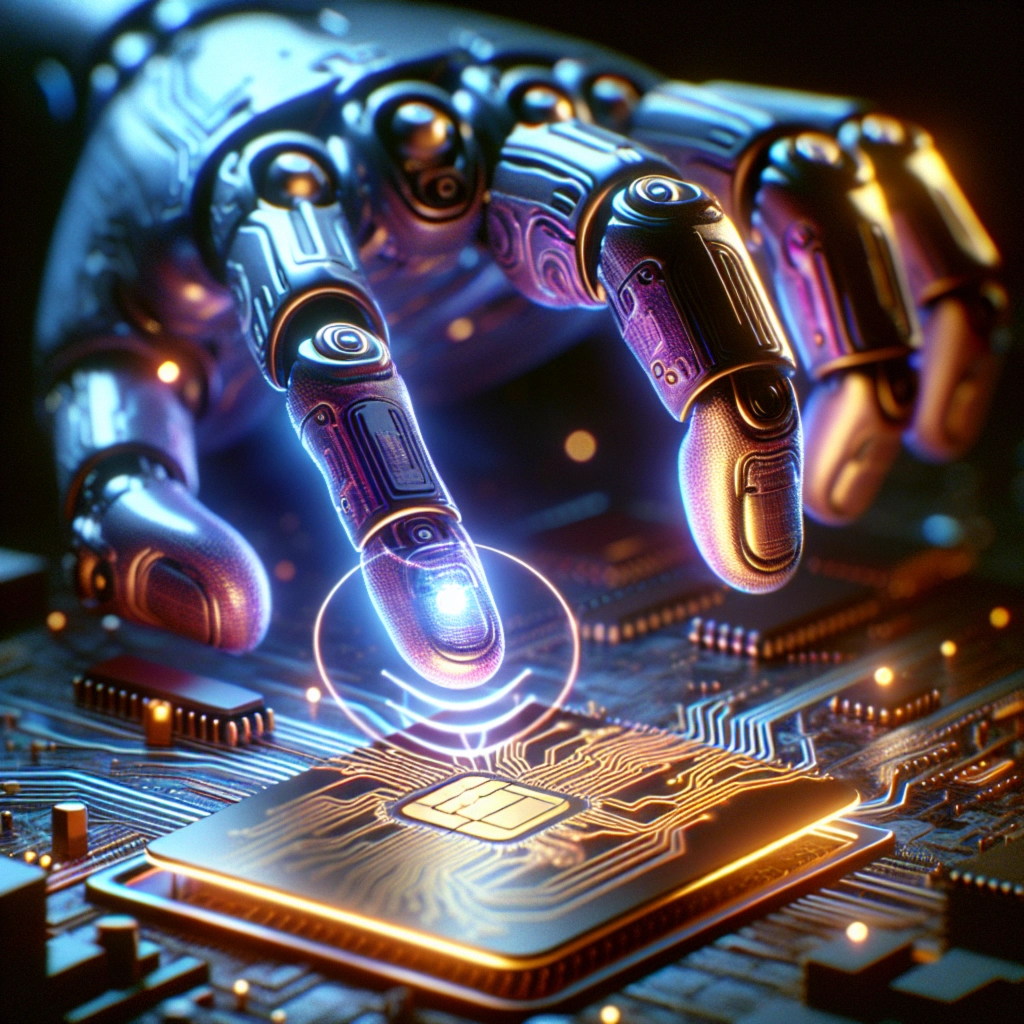 ** Robotic hand interacts with a glowing microchip on a circuit board.