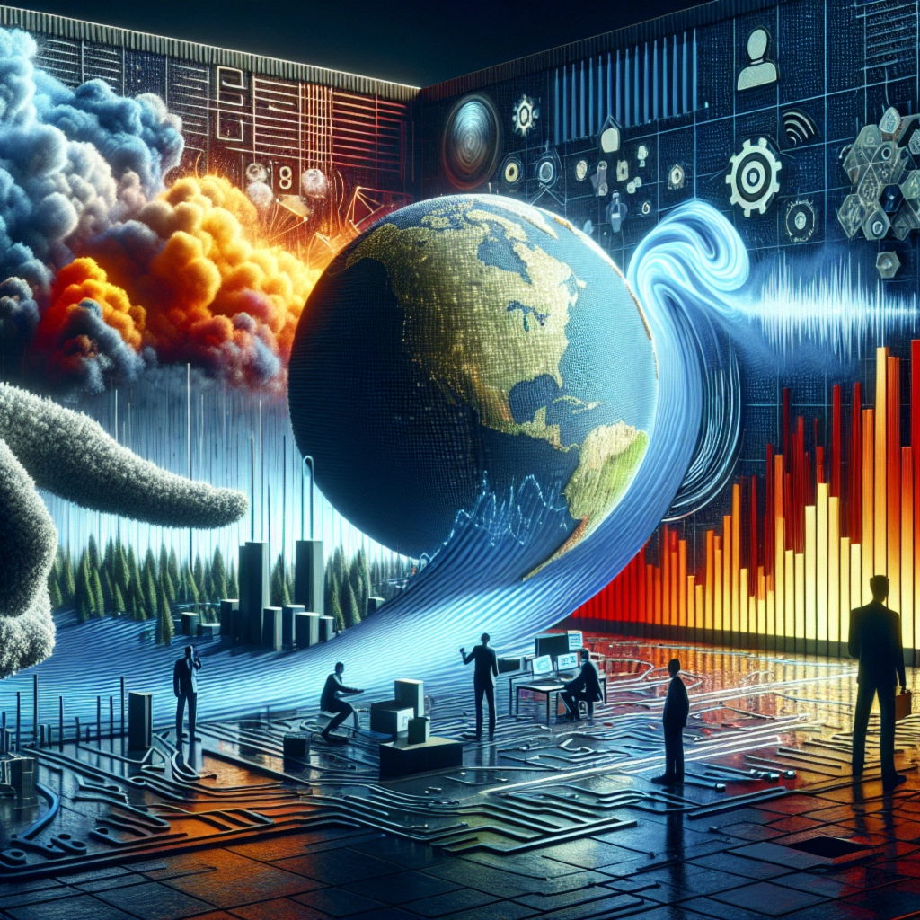 ** A futuristic scene with a globe, abstract patterns, and silhouettes of figures amid vibrant colors and data visuals.