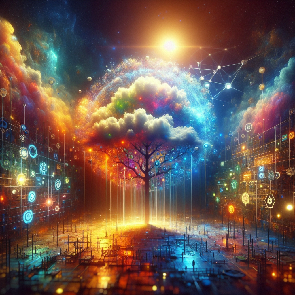 ** A surreal scene featuring a vibrant tree against a cosmic backdrop with data symbols and colorful clouds.