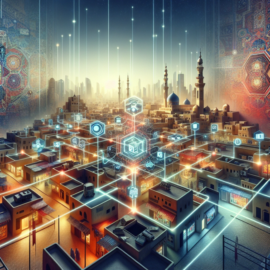 ** Futuristic cityscape with glowing networks amidst traditional architecture.