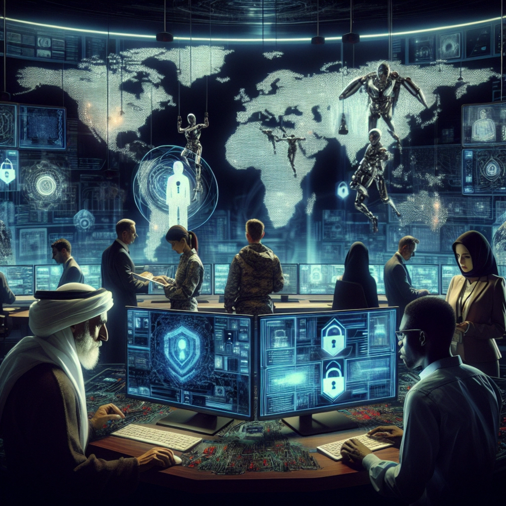 ** High-tech control room with diverse individuals and holographic displays of a global map and robots.