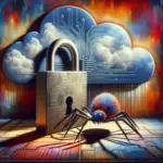 A large padlock with a spider, set against a colorful cloud backdrop.