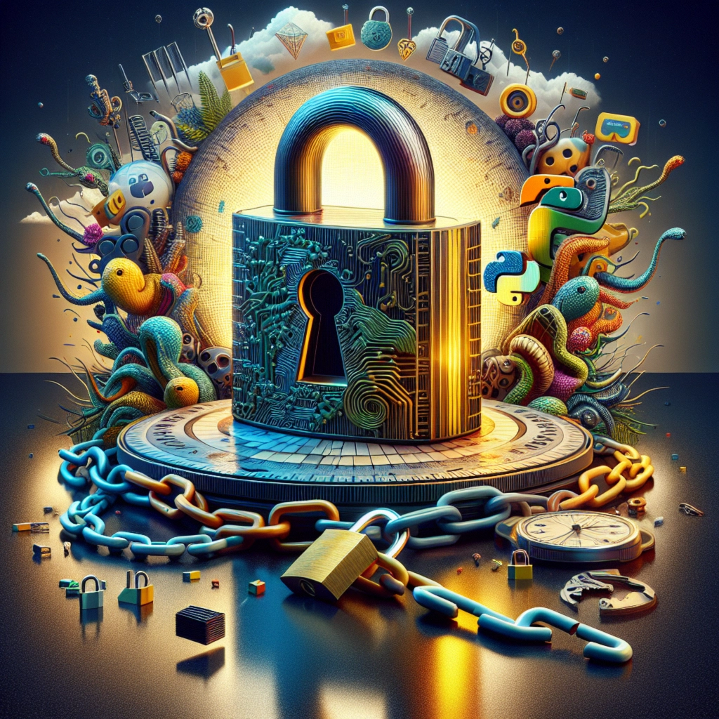 ** A large metallic padlock surrounded by colorful digital elements and chains, symbolizing security and technology.