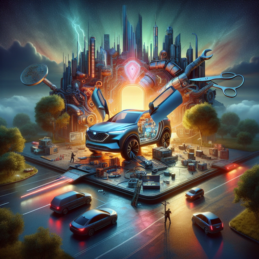 ** Futuristic scene with a car, cityscape, and luminous portal amidst a dramatic landscape.