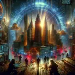 ** Futuristic cityscape with glowing buildings, dark figures, and digital elements.