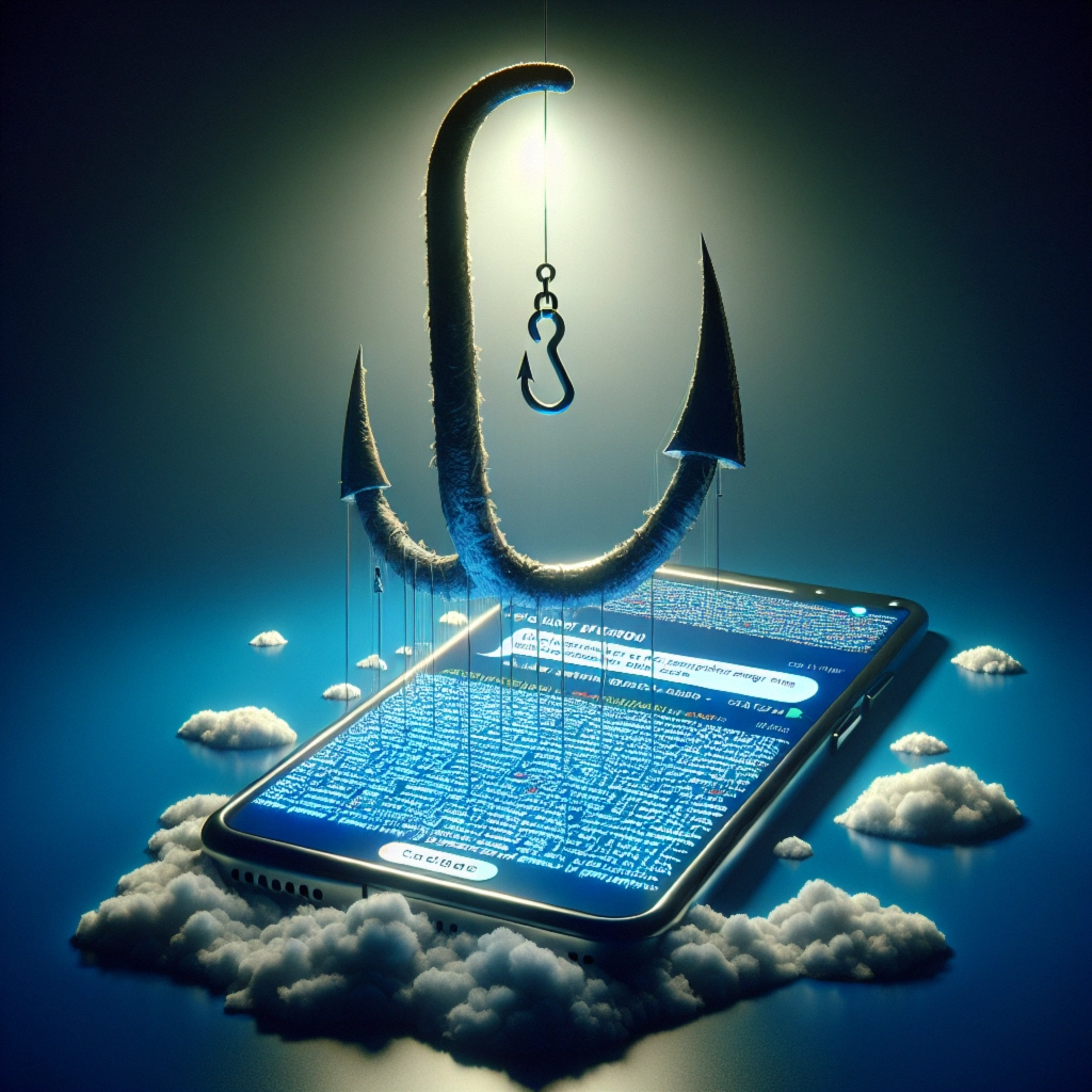 A smartphone with a fishing hook suspended above it, surrounded by clouds in a digital environment.