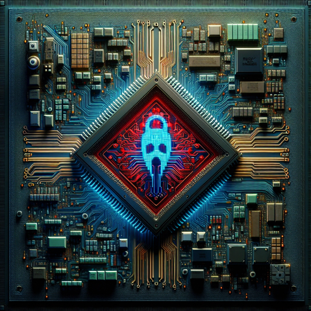 ** A stylized microchip features a glowing blue skull design at its center, surrounded by intricate circuitry.