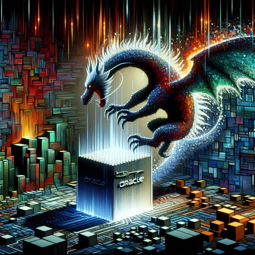 ** A vibrant dragon soars above a glowing Oracle cube in a digital landscape filled with cubes and colorful textures.