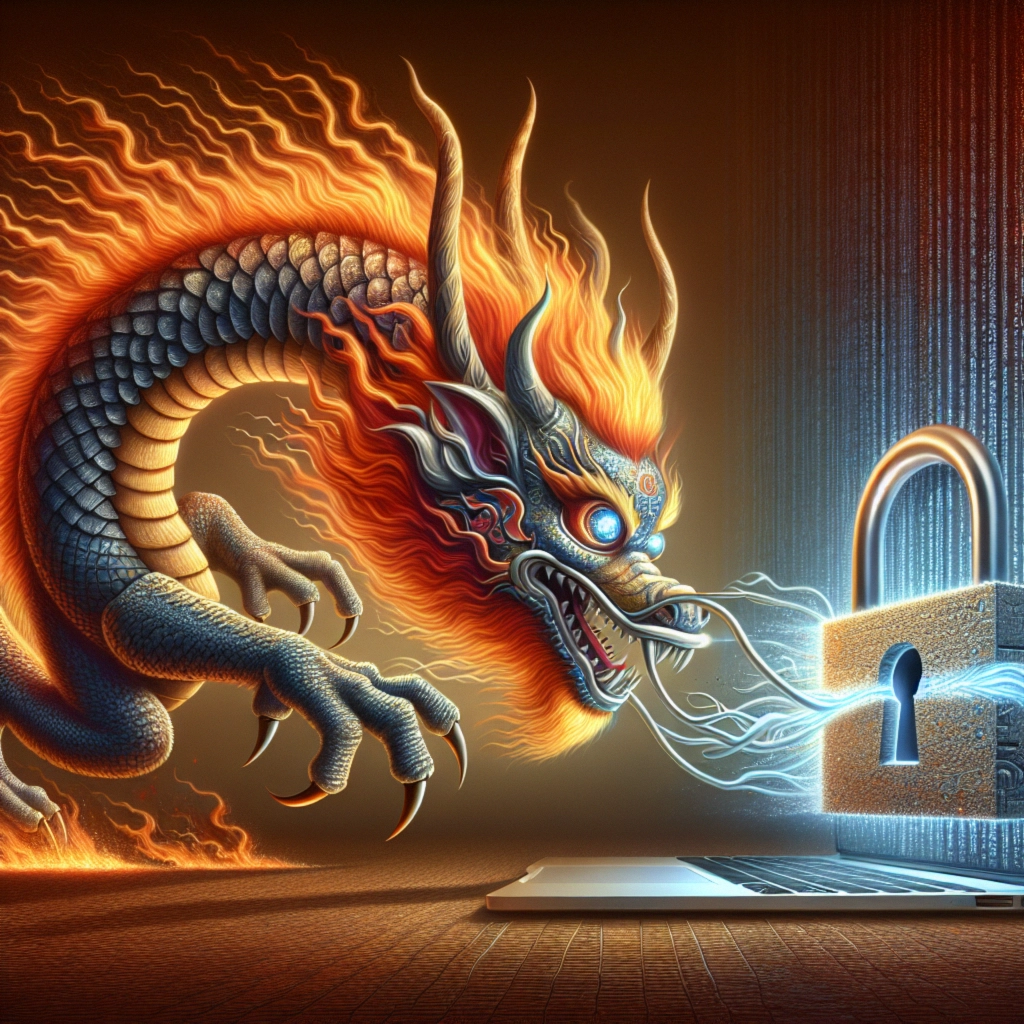 A fierce dragon breathes fire toward a glowing lock next to a laptop.