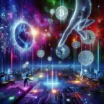 ** Futuristic digital landscape with cryptocurrencies and a hand reaching into the cosmos.