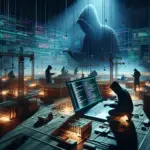 ** Cyber world with hooded figures, coding, and towering digital structures.