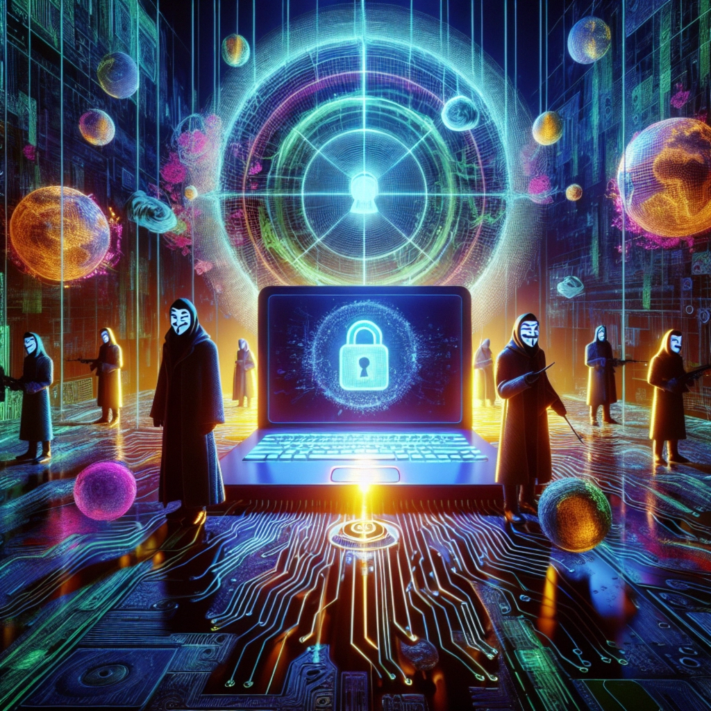 ** A glowing laptop with a lock symbol, surrounded by figures in masks and cosmic elements.