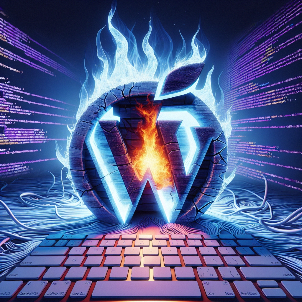 ** Stylized WordPress logo with flames and glowing effects amidst a digital background and keyboard.