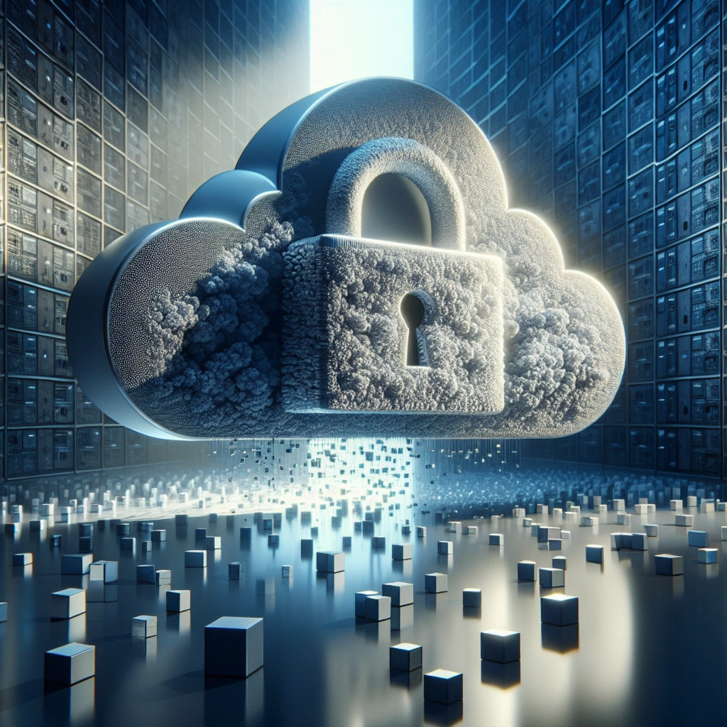 ** A stylized cloud with a lock floats above a reflective surface, surrounded by dark server cabinets.