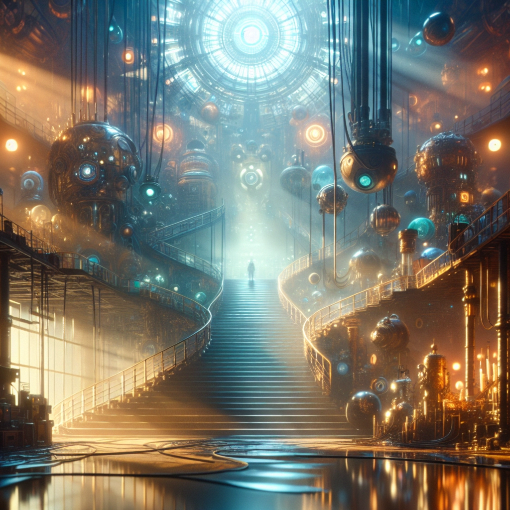 ** Futuristic staircase leading to a glowing orb, surrounded by metallic spheres and soft shafts of light.