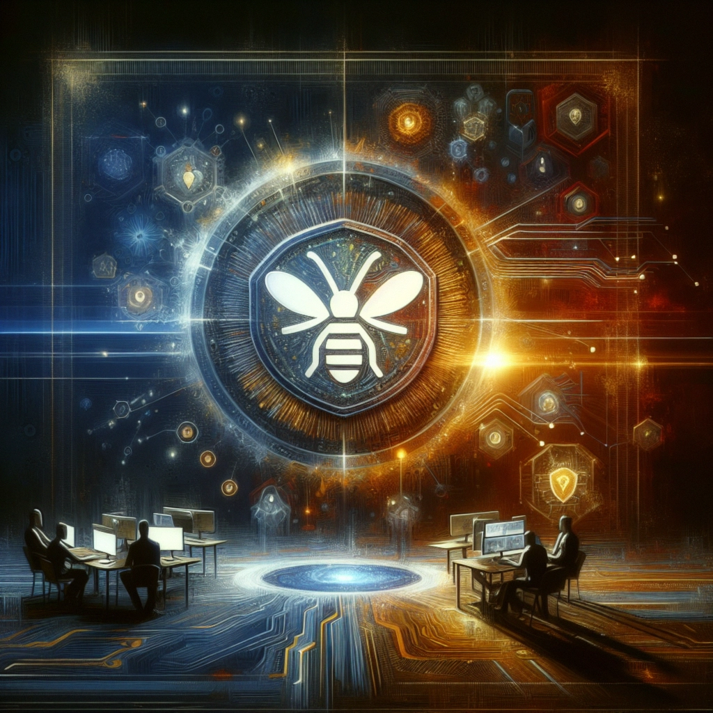 ** Artistic depiction of figures at computers, surrounded by a radiant bee emblem on a circuit board background.