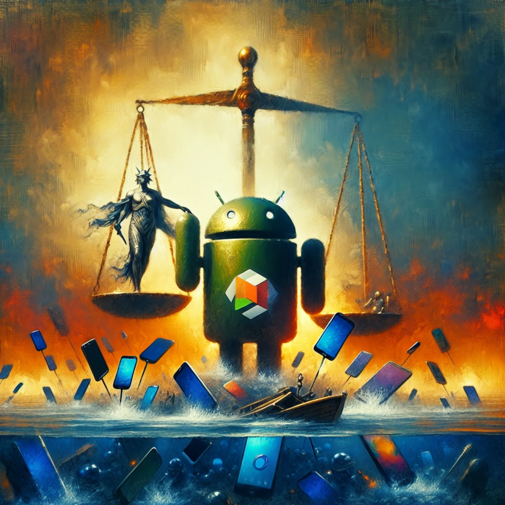 ** Android robot balances Lady Justice and smartphones amid turbulent waters.