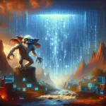 ** A whimsical creature stands on a rock, surrounded by digital rain and mountains, evoking a merging of fantasy and technology.