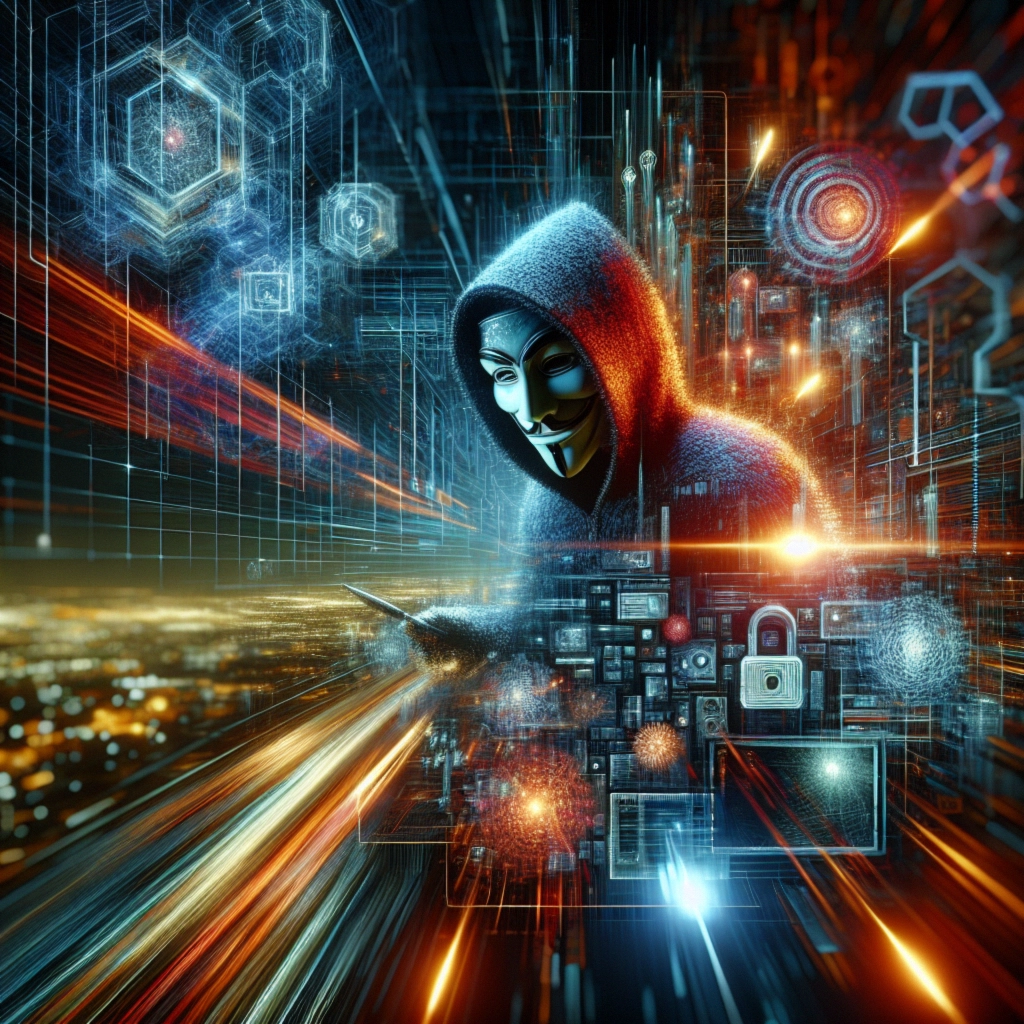 ** A hooded figure with a digital mask interacts with glowing data streams and symbols of cybersecurity.