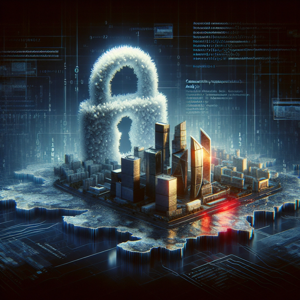 ** Digital cityscape encased in a cloud-shaped lock, illuminated by glowing data.