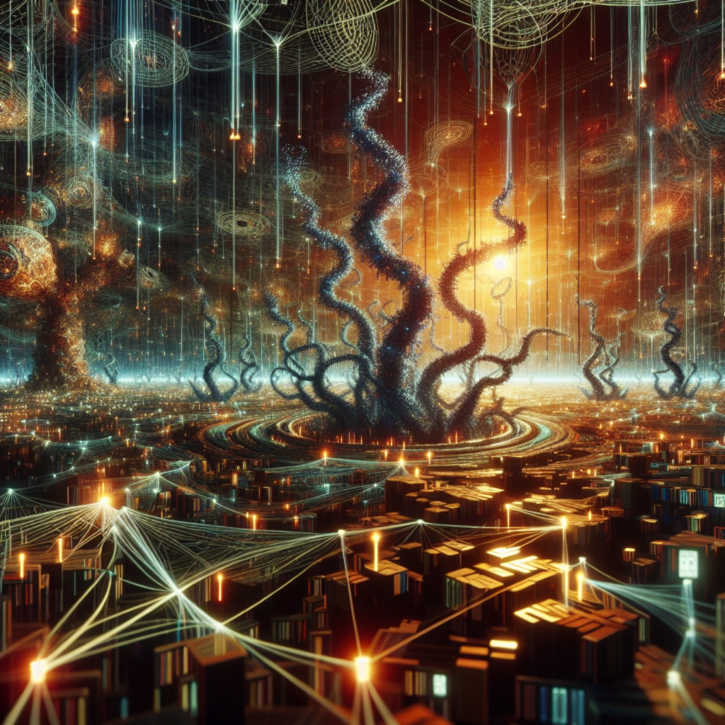 ** Surreal landscape with glowing trees, swirling lights, and a city of books under a luminous sky.