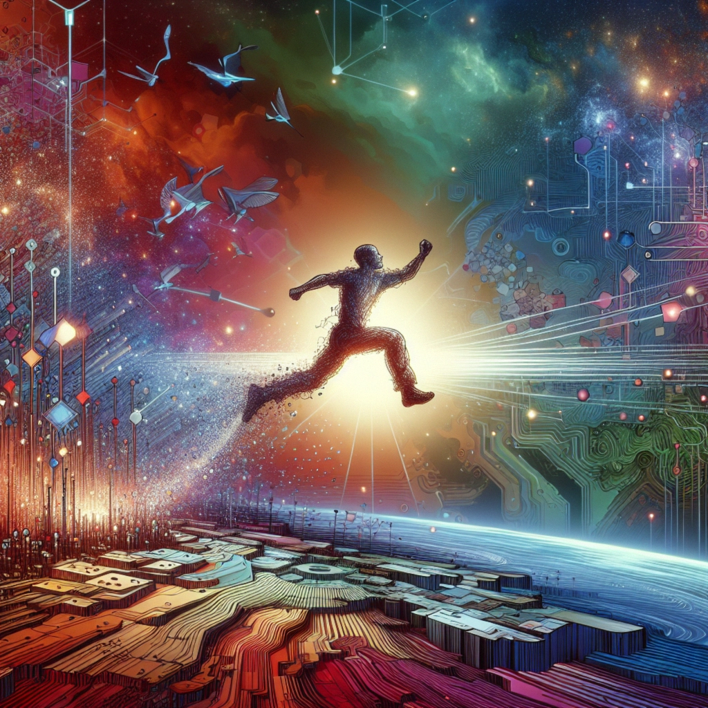 ** A figure runs towards a burst of light, surrounded by vibrant colors and digital elements in a cosmic landscape.