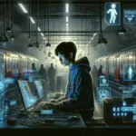 ** A young person types on multiple computers in a dimly lit subway station, with holographic data around them.