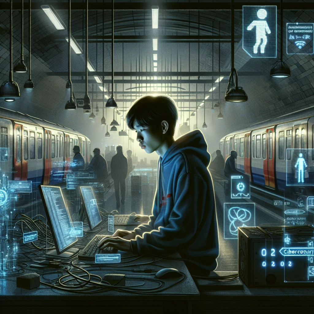 ** A young person types on multiple computers in a dimly lit subway station, with holographic data around them.