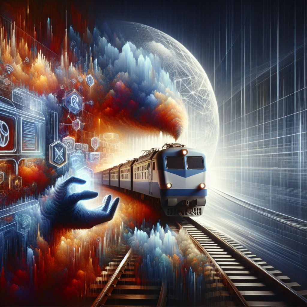 A dynamic train emerges from colorful digital clouds, blending technology and travel.