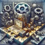 ** Intricate digital landscape featuring a laptop amidst gears, spheres, and abstract figures.