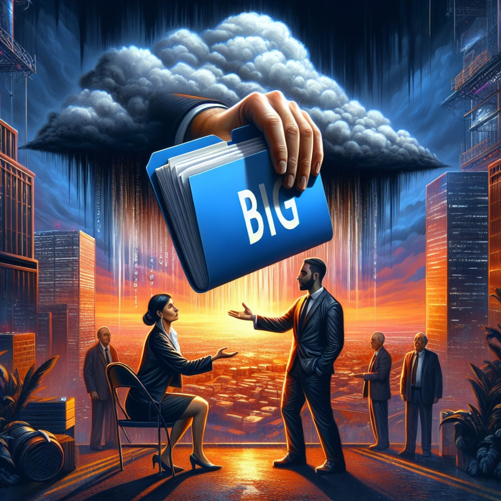 Business meeting under a dark cloud with a large book labeled "BIG" descending from above.