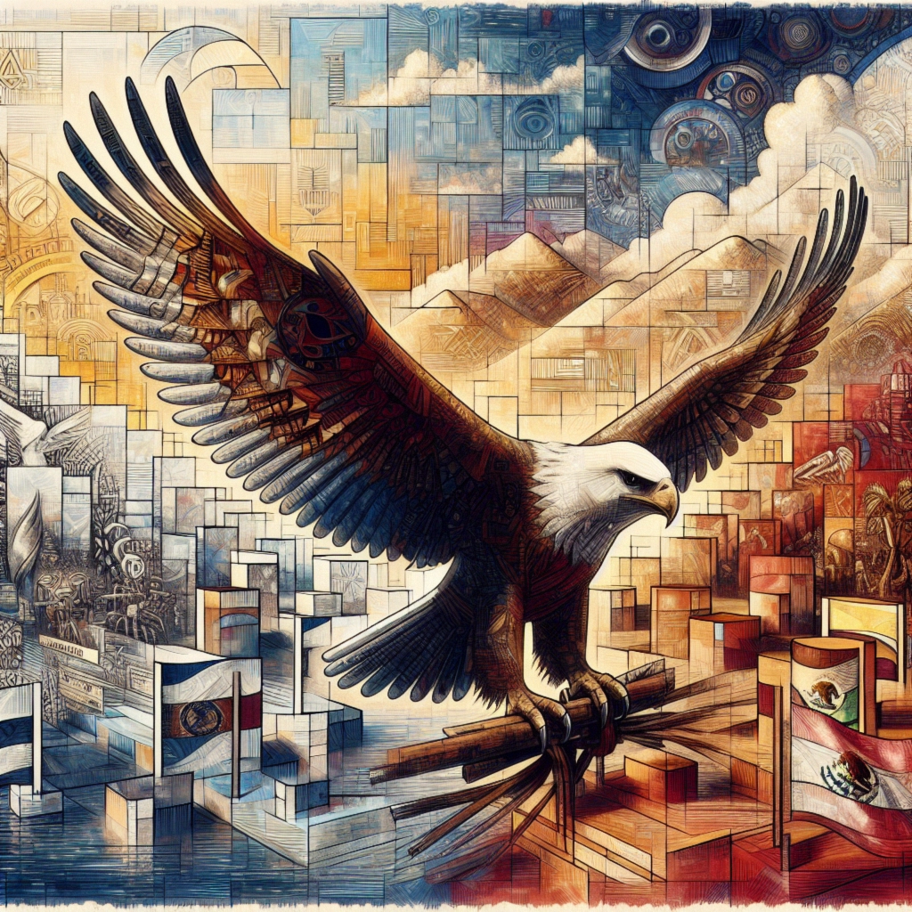 ** An eagle with outstretched wings, perched among colorful geometric patterns and flags.