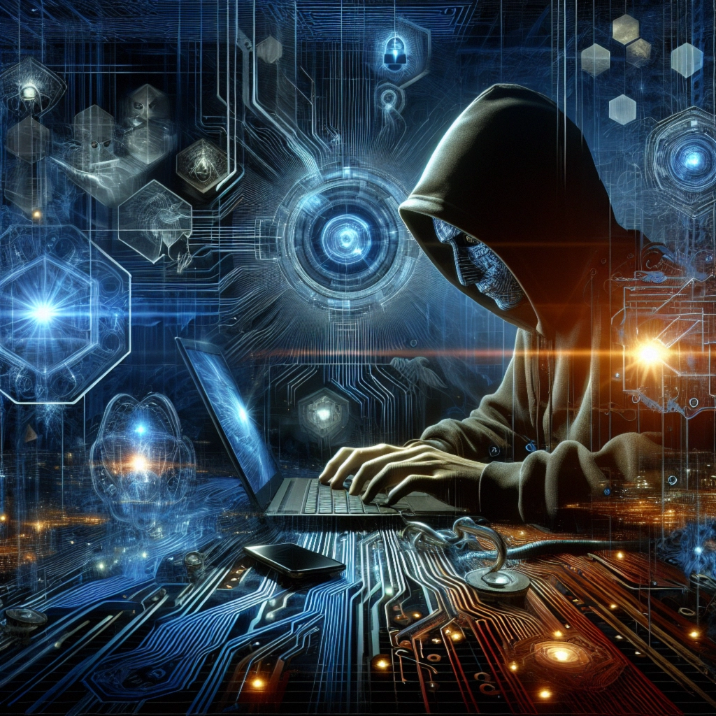 ** Hooded figure typing on a laptop amidst a digital landscape of glowing circuits and holographic elements.