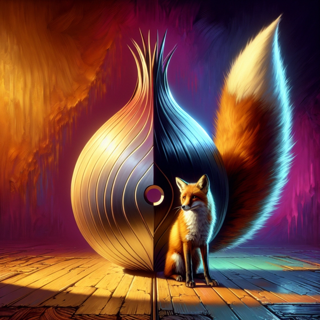 A stylized fox sits beside a colorful, half-swirled sculpture against a vibrant abstract background.