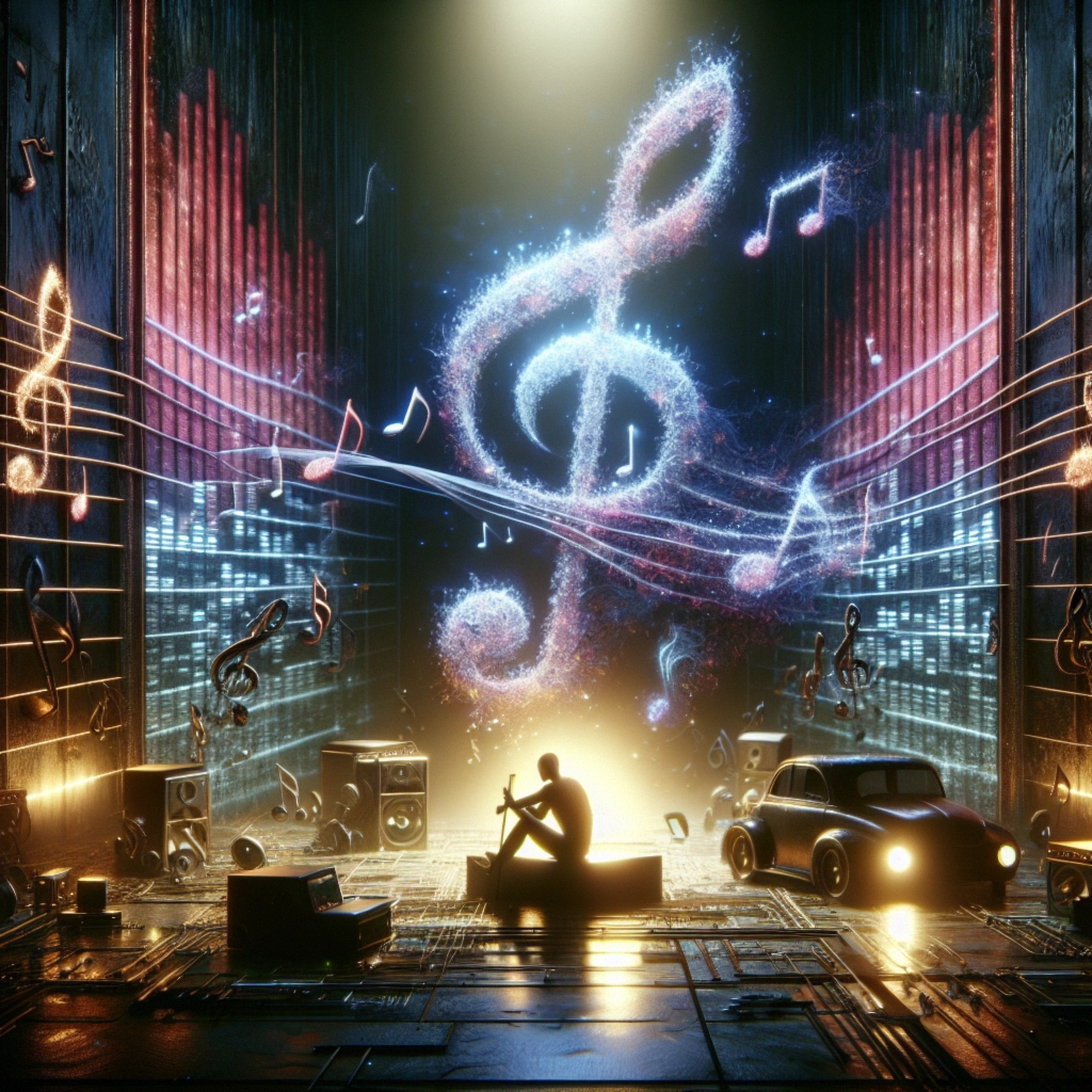 ** A musician sits surrounded by glowing notes, speakers, and a car in a vibrant, music-themed environment.