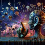 ** A humanoid figure with a globe head and hand raised, surrounded by various social media icons in a cosmic background.