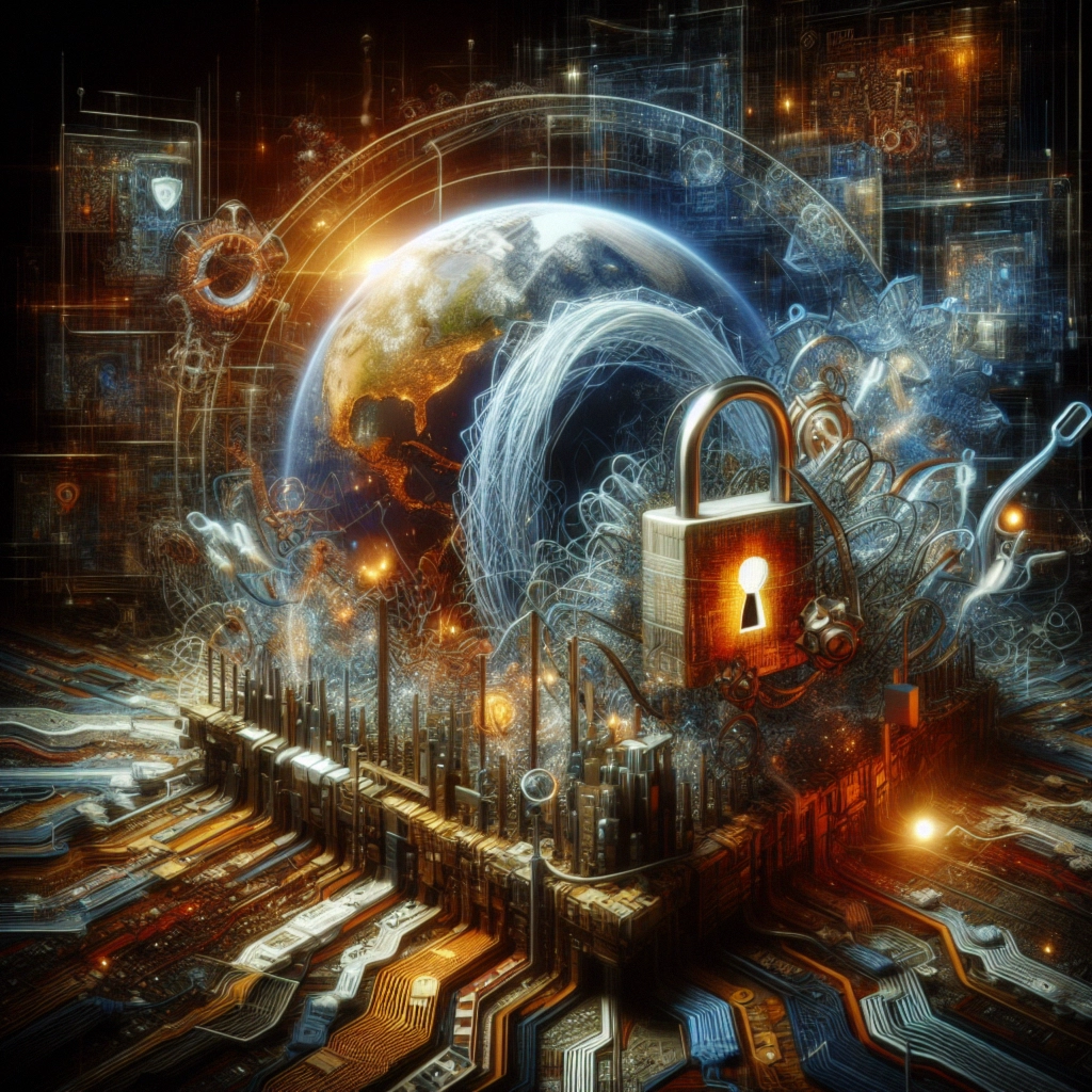 A stylized digital world with a globe, locked padlock, and circuit patterns in vibrant colors.