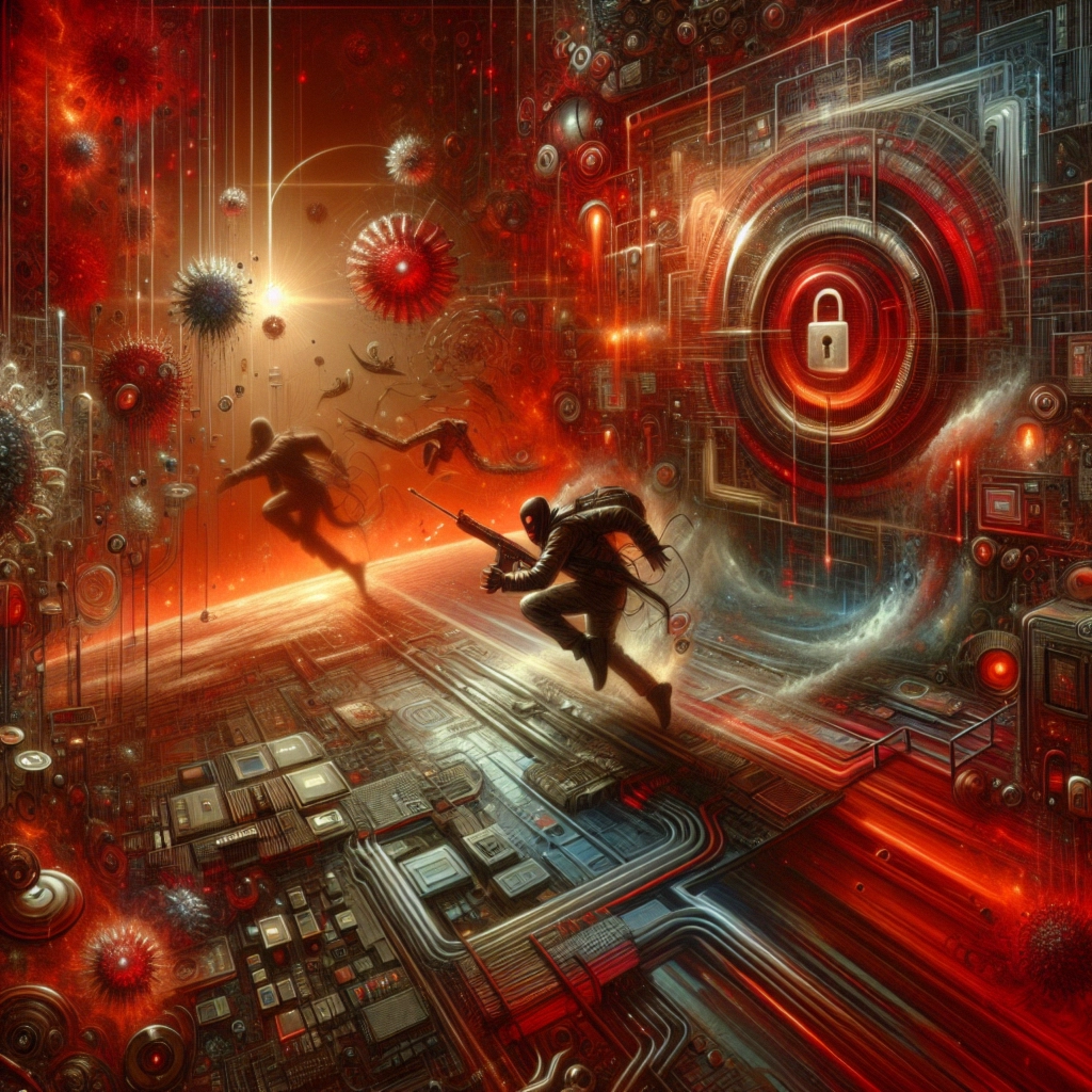 ** Futuristic scene with armed figures escaping a digital landscape amidst virus-like entities and circuitry.