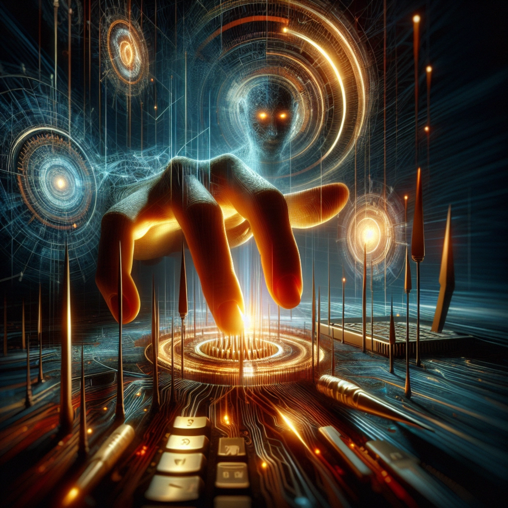 ** A glowing hand reaches toward a central orb surrounded by digital data streams and abstract shapes.