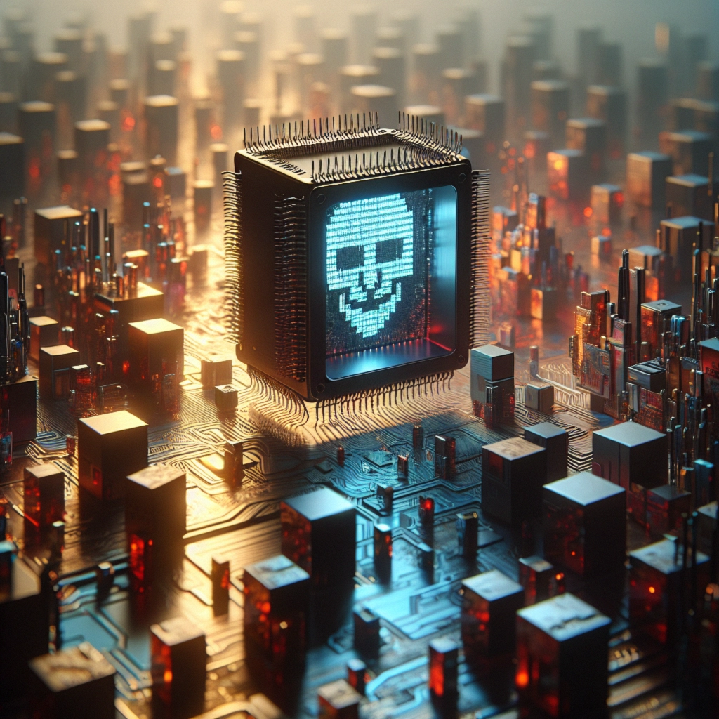 A glowing microchip with a skull motif amidst metallic structures.